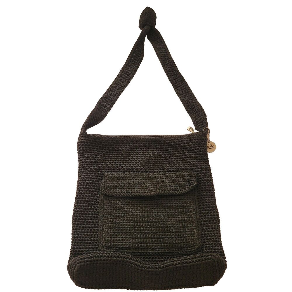 Vintage Crochet Knit Woven Crossbody Purse Black Festival Hippie